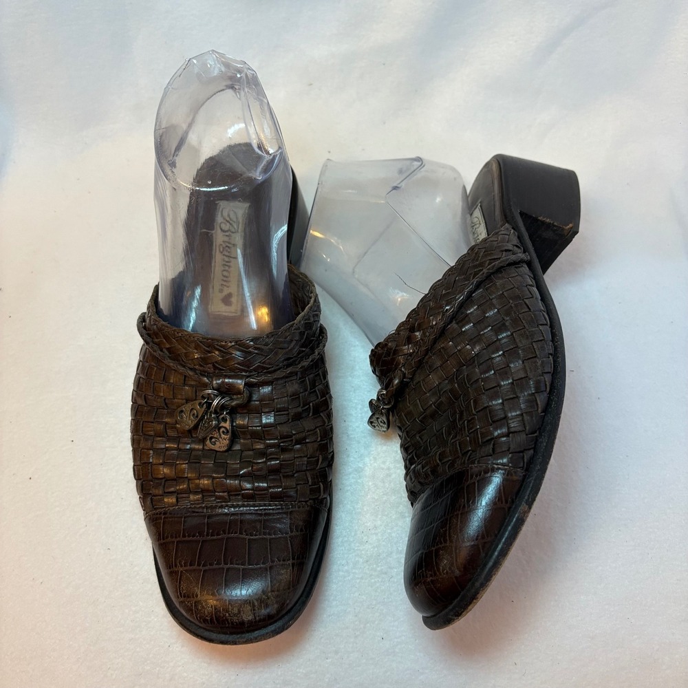 Y2k Brighton Franki Brown Woven Leather Croc Embossed Heart Charm Mules Mens 8M